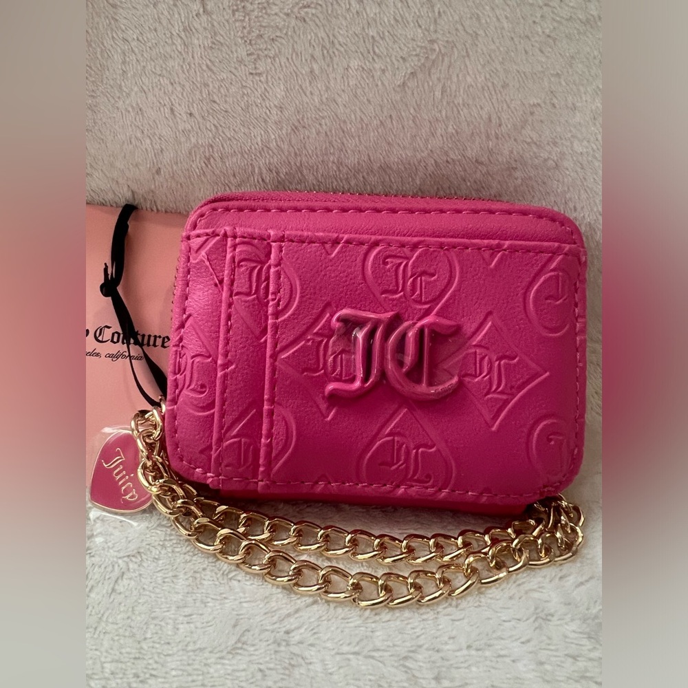 Juicy Couture Good Times Square Zip Card Case – Juicy Pink, Gold Chain,